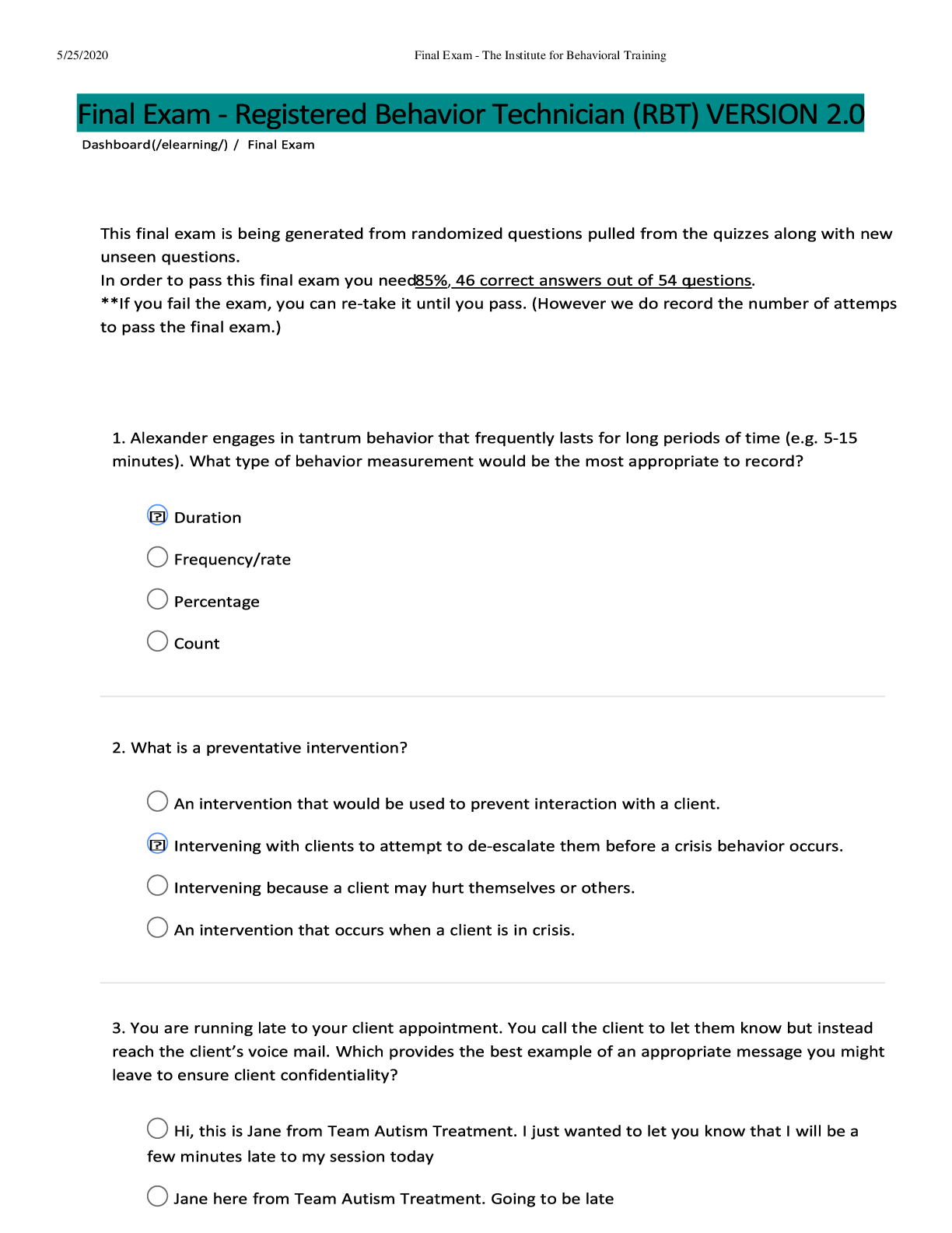 Preview image of FINAL EXAM-REGISTERED BEHAVIORS TECHNICIAN (RBT) VERSION 2 document
